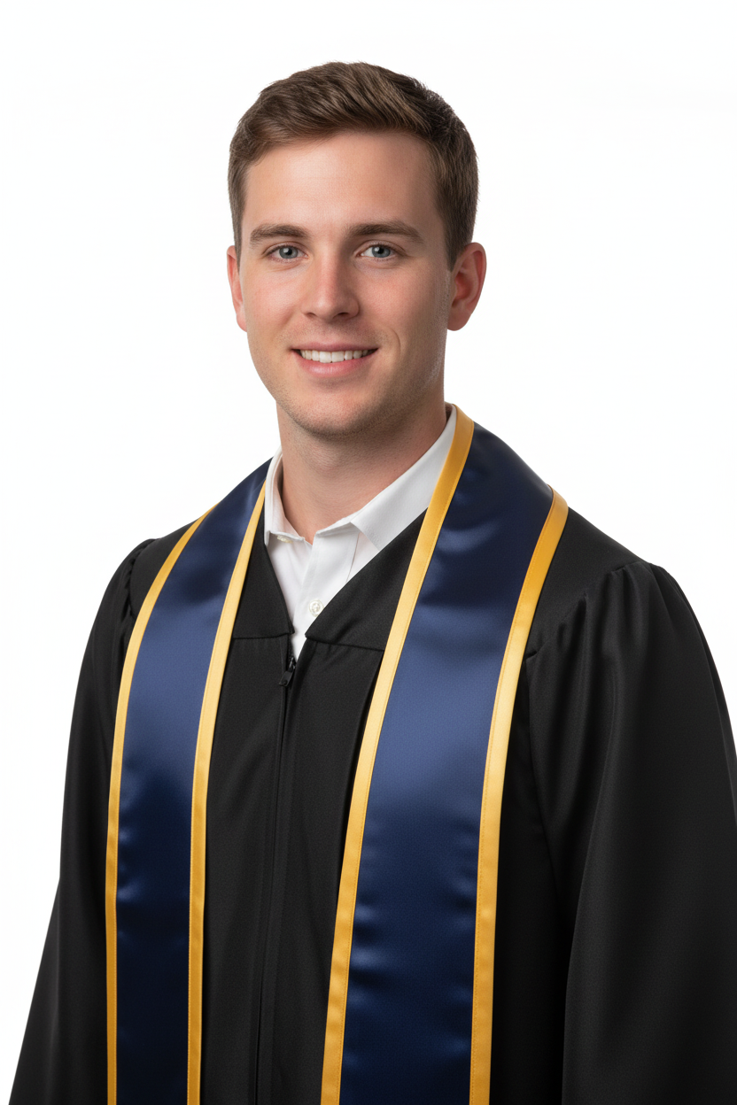 Navy Blue Slanted Graduation Stole with Gold Trim model display
