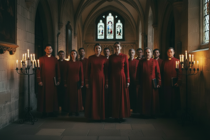 Red Medieval Clergy Cassock Robe - Choir Atmosphere in Cathedral