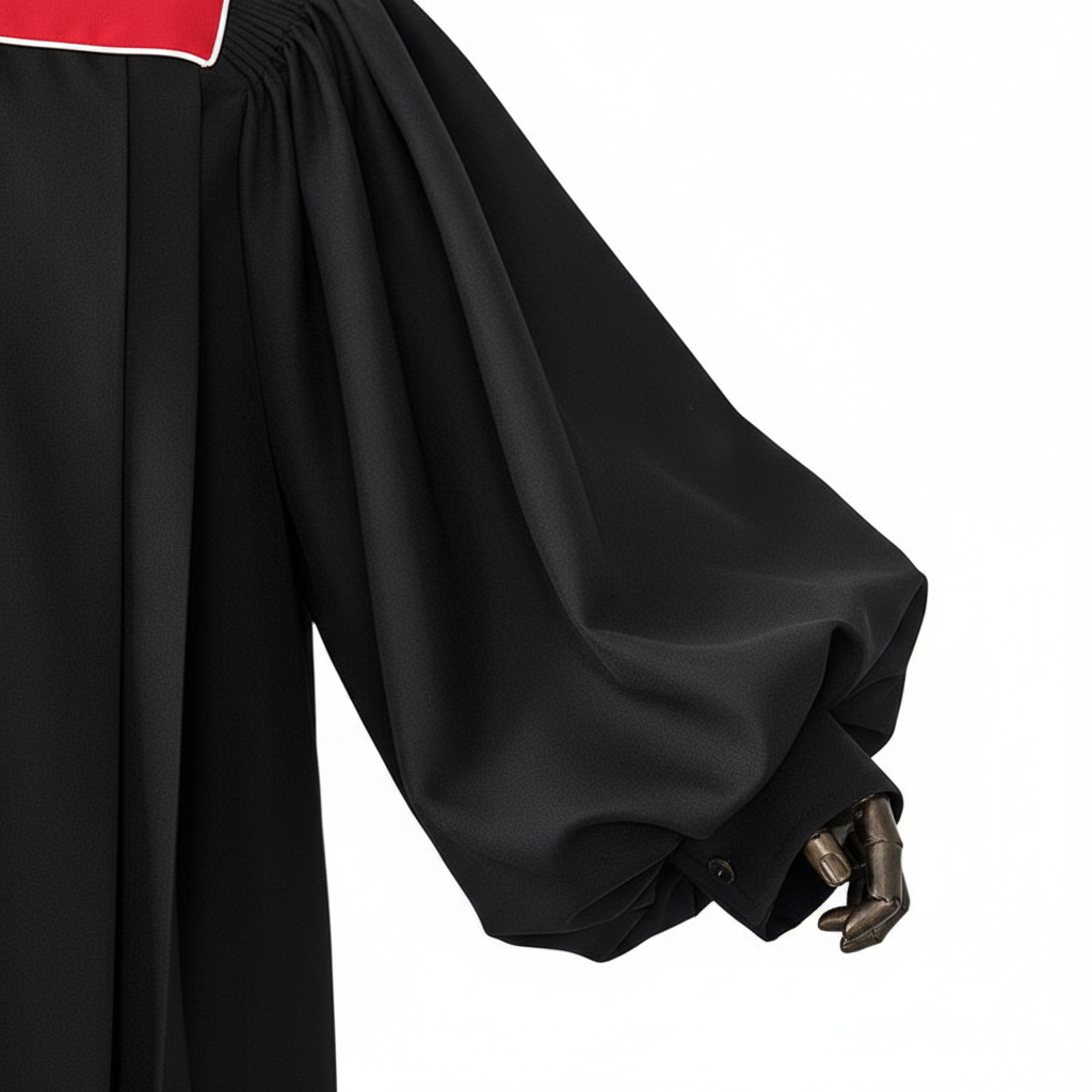 Close-up detail of black choir robe bishop puff sleeve showing gathered cuff and red yoke edge with white piping trim, white background