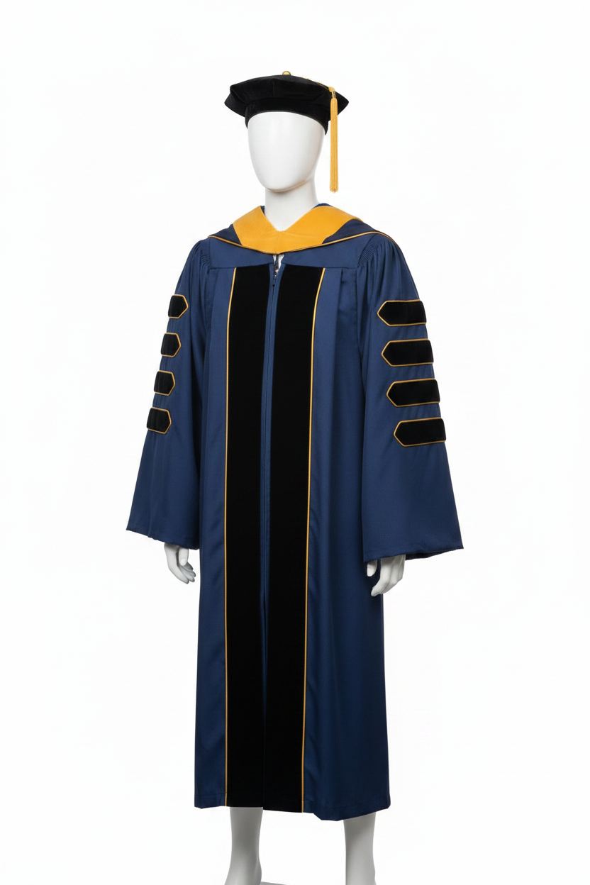 Navy blue UCLA doctoral graduation gown on mannequin showing black velvet panels and gold piping