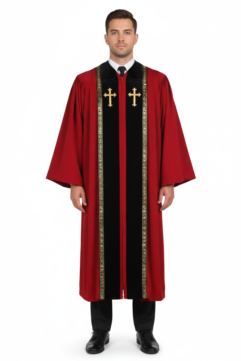 Male model wearing red clergy choir robe with gold cross badges and wheat brocade stole trim, full body front view, white background