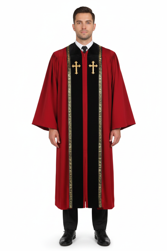 Male model wearing red clergy choir robe with gold cross badges and wheat brocade stole trim, full body front view, white background