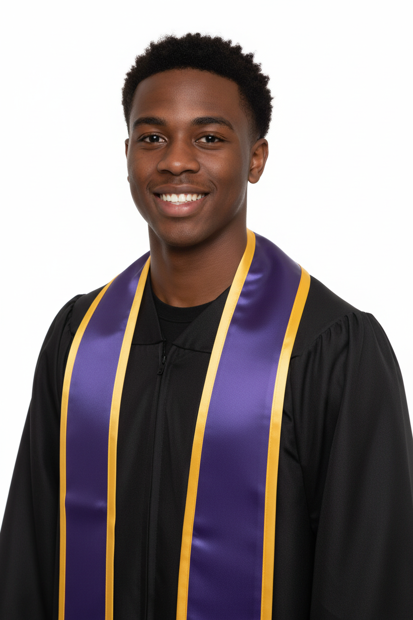 Purple Slanted Graduation Stole with Gold Trim model display