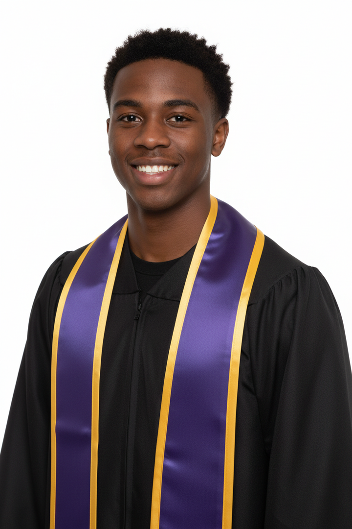 Purple Slanted Graduation Stole with Gold Trim model display