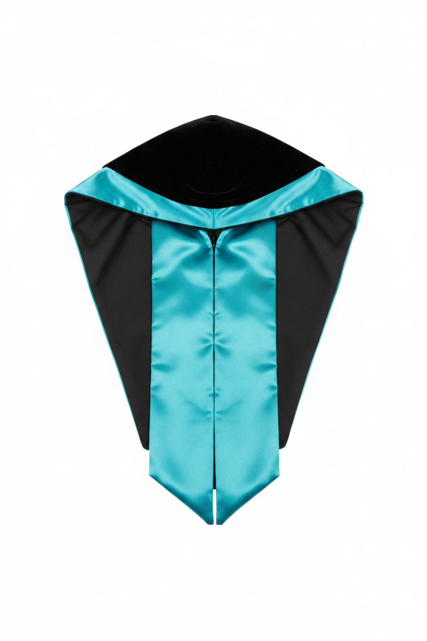 Close-up detail of custom graduation academic hood showing teal satin lining and velvet trim