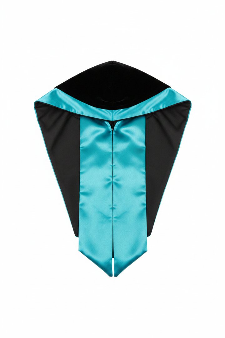 Close-up detail of custom graduation academic hood showing teal satin lining and velvet trim