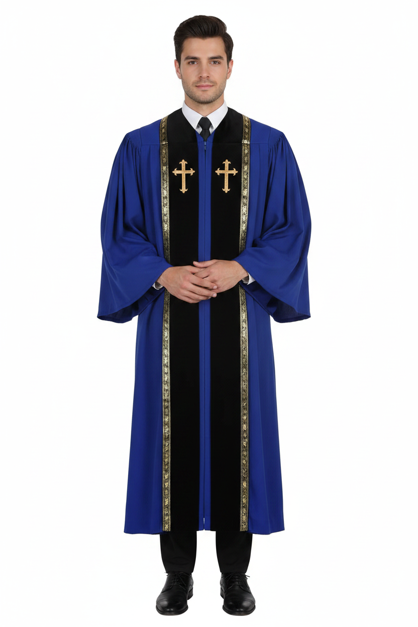 Male model wearing royal blue clergy choir robe with gold cross badges and wheat brocade stole trim, full body front view, white background