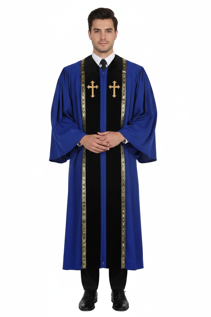 Male model wearing royal blue clergy choir robe with gold cross badges and wheat brocade stole trim, full body front view, white background