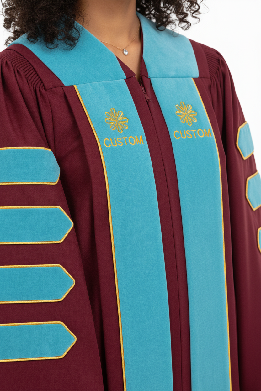 Close-up detail of maroon doctoral gown showing customizable emblem patch on chest panel