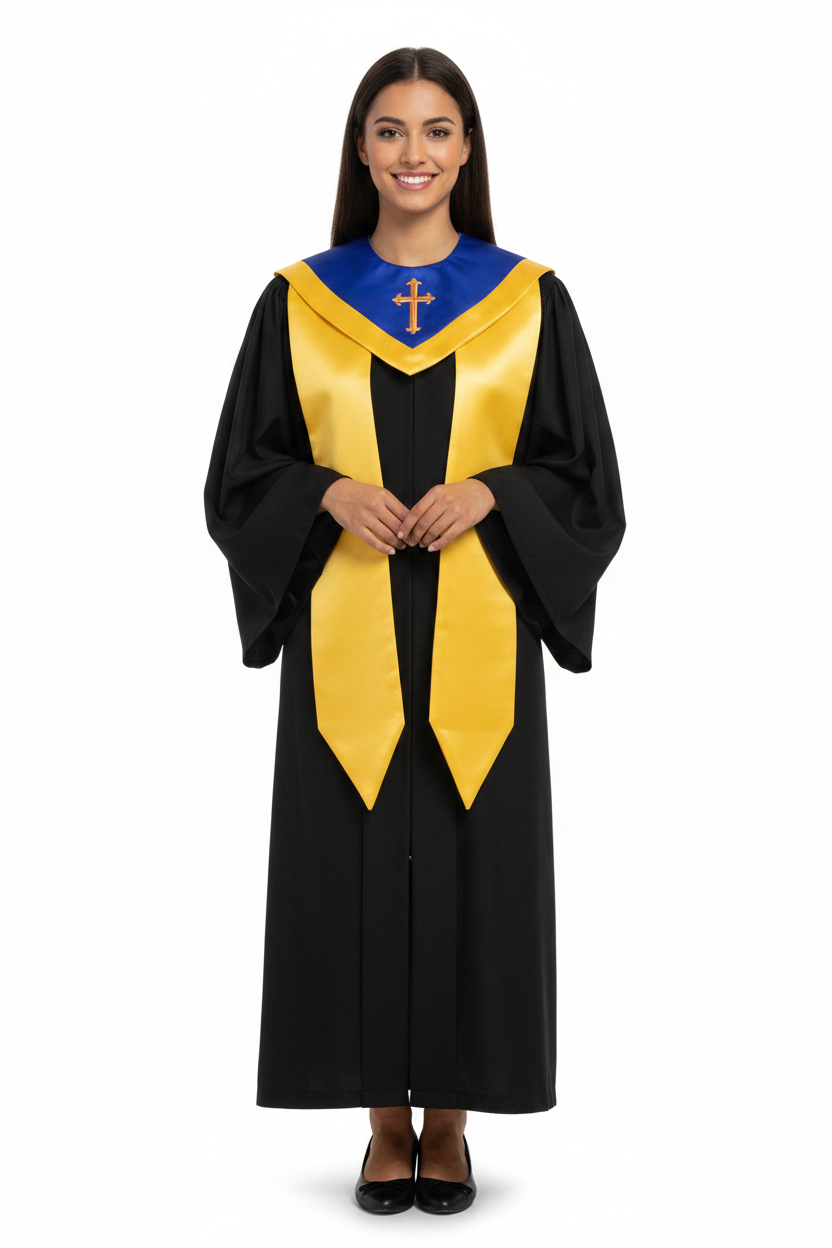 Female model wearing gold and royal blue choir V-stole with cross embroidery over black robe, full body front view, white background