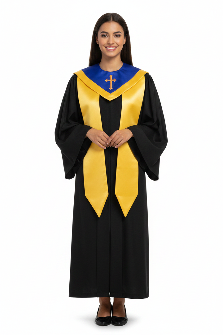 Female model wearing gold and royal blue choir V-stole with cross embroidery over black robe, full body front view, white background