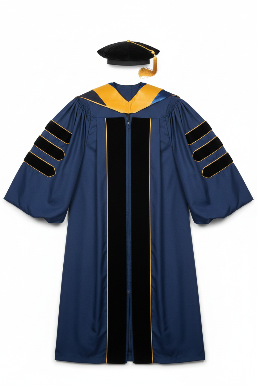 UCLA doctoral regalia package flat lay showing navy gown, gold hood and black 8-sided tam