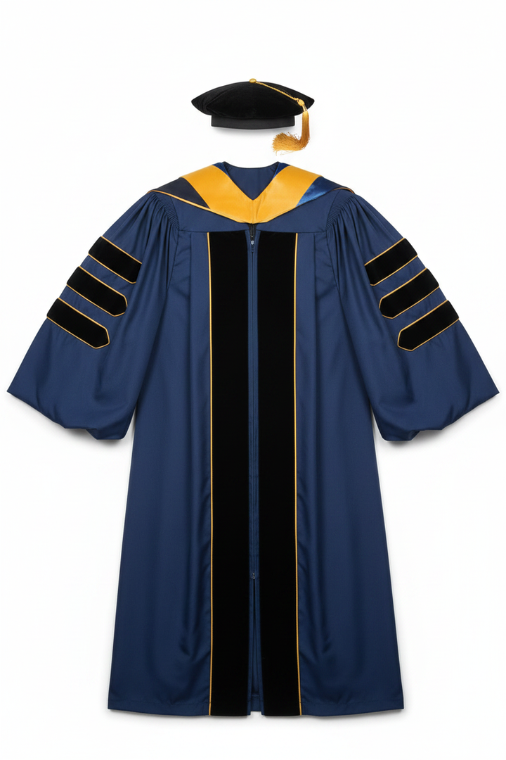 UCLA doctoral regalia package flat lay showing navy gown, gold hood and black 8-sided tam