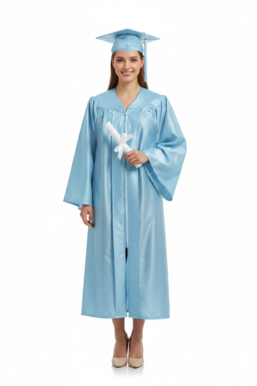 Shiny Light Blue High School Cap & Gown - Model Shot