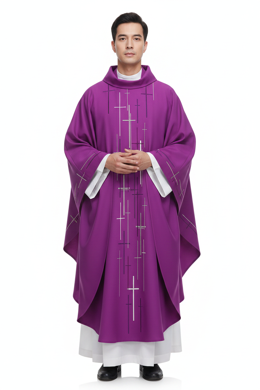 Male model wearing purple Catholic chasuble vestment with cross print, full body front view, white background