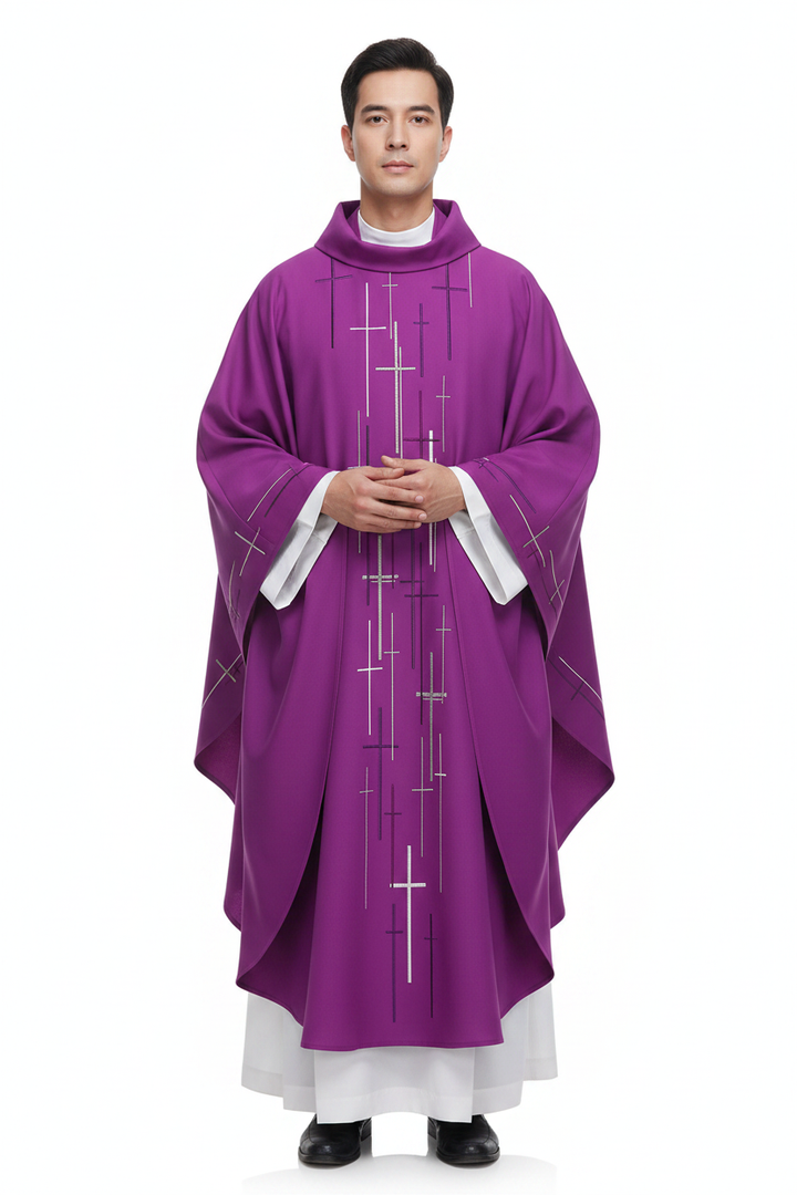Male model wearing purple Catholic chasuble vestment with cross print, full body front view, white background