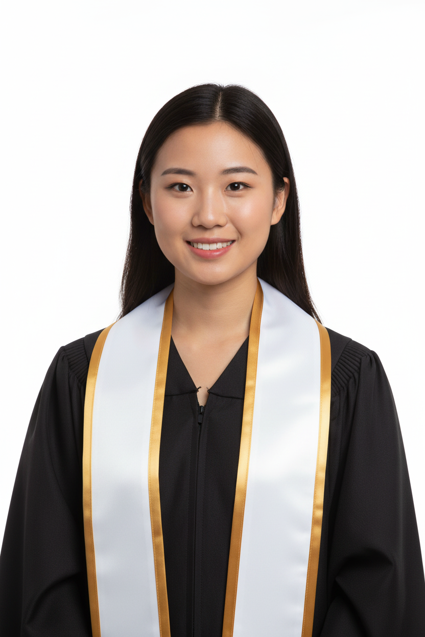 White Pointed Graduation Stole with Antique Gold Trim model display