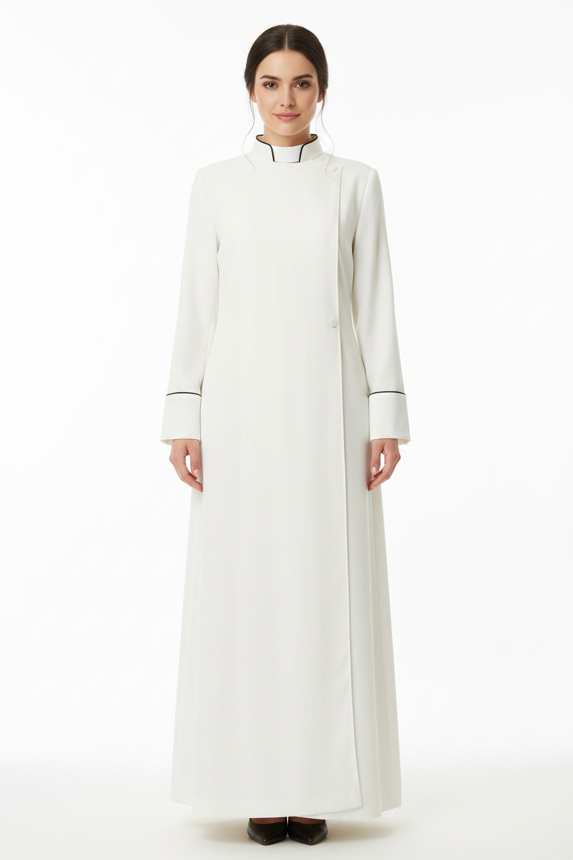 White Medieval Clergy Cassock Robe with Black Trim - Model Front View White Background