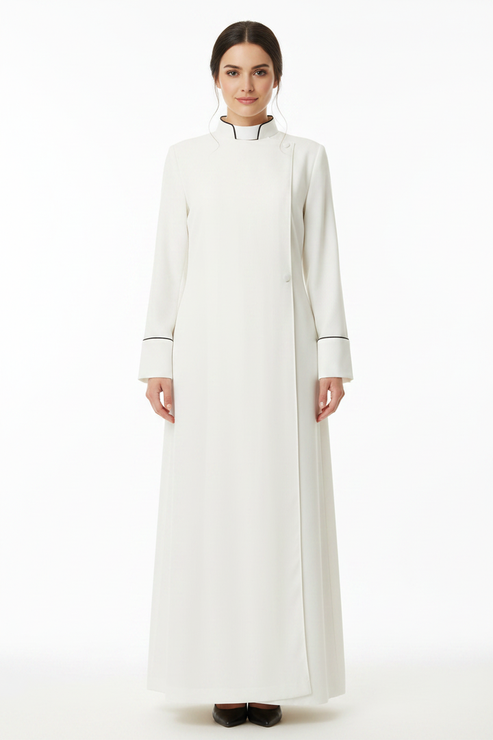 White Medieval Clergy Cassock Robe with Black Trim - Model Front View White Background