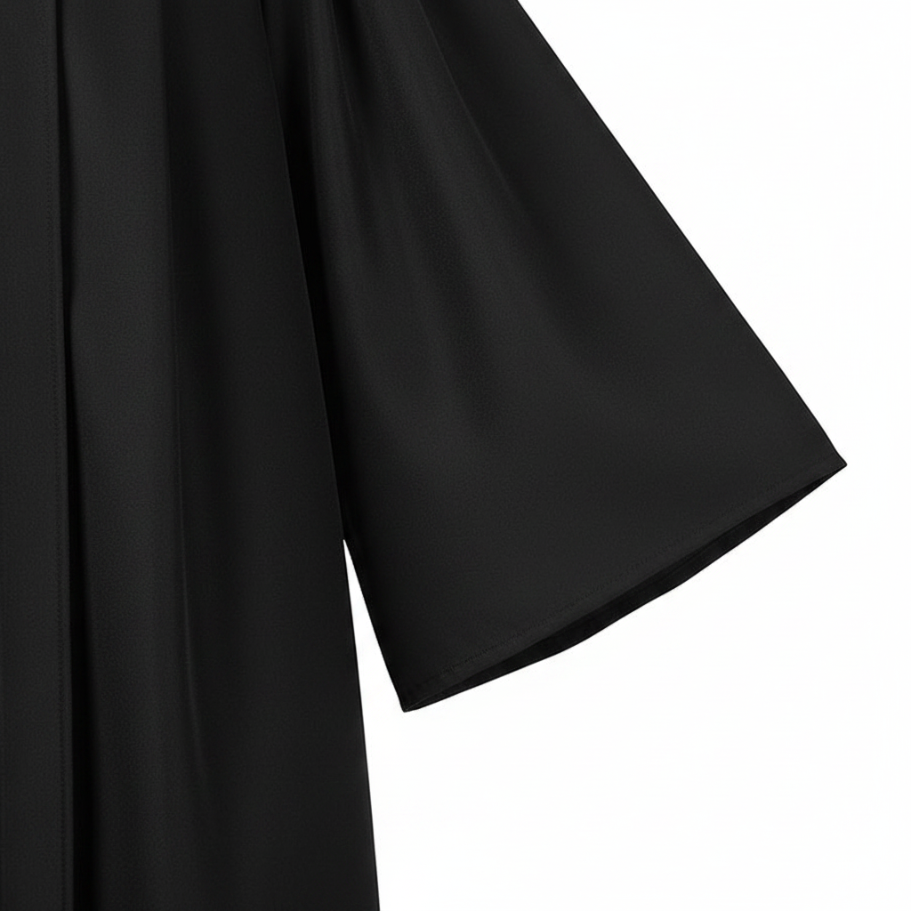 Close-up detail of black clergy robe showing wide sleeve fabric texture and clean finished hem, white background