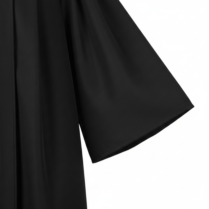 Close-up detail of black clergy robe showing wide sleeve fabric texture and clean finished hem, white background