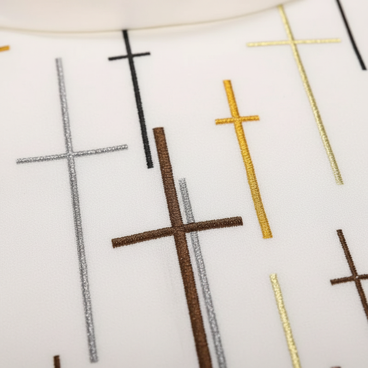 Close-up detail of white chasuble vestment showing scattered multi-color gold black silver cross print pattern, white background