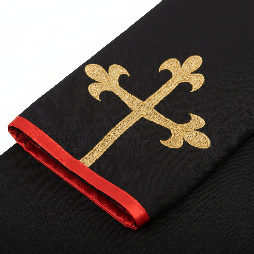 Close-up detail of black priest cassock sleeve cuff showing gold cross embroidery and red piping trim, white background