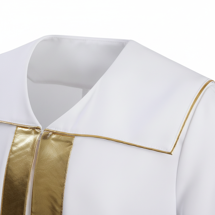 Close-up detail of white open-front choir robe square sailor collar, macro shot, white background