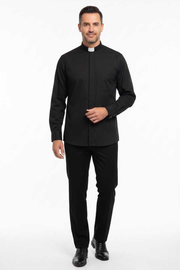 Model wearing black long sleeve clergy shirt with white tab collar, white background