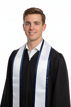 White Pointed Graduation Stole with Navy Blue Trim