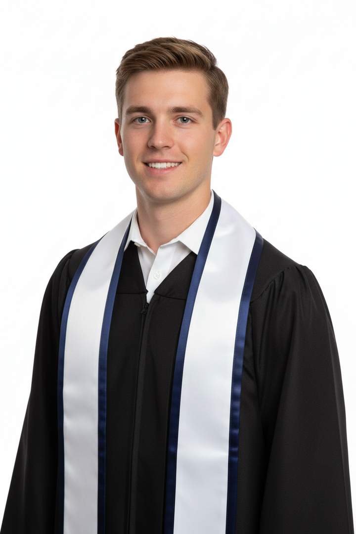 White Pointed Graduation Stole with Navy Blue Trim model display