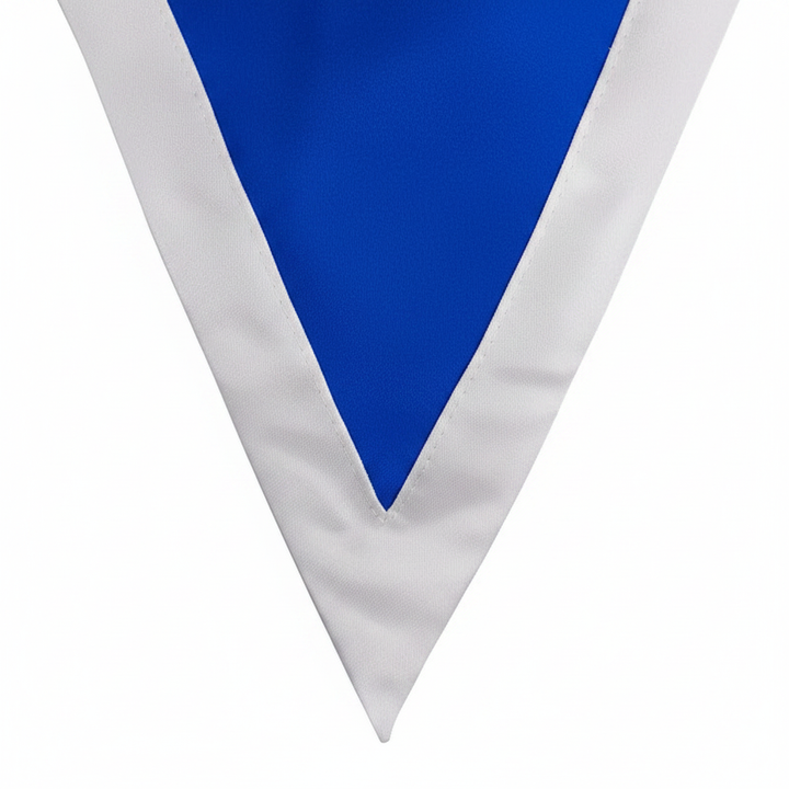 Close-up detail of royal blue and white two-tone V-stole showing sharp V-point and satin texture, white background