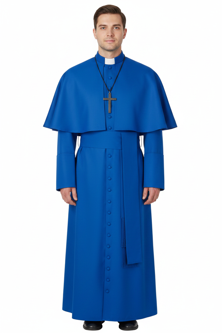 Male model wearing royal blue clergy cape cassock robe set full body front view, white background