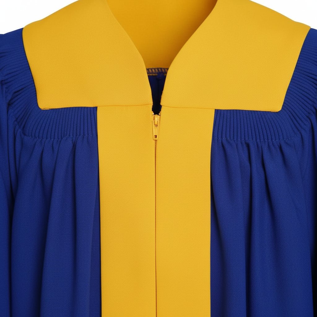 Close-up detail of royal blue choir robe contrast yoke and gold trim, white background