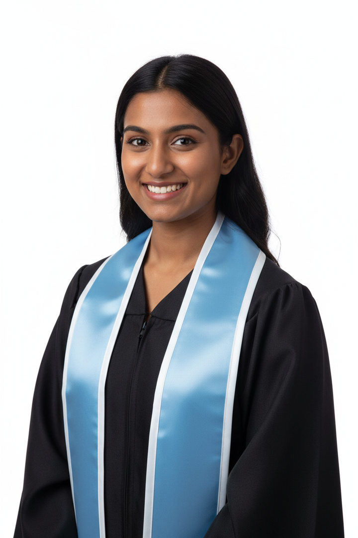 Light Blue Slanted Graduation Stole with White Trim model display