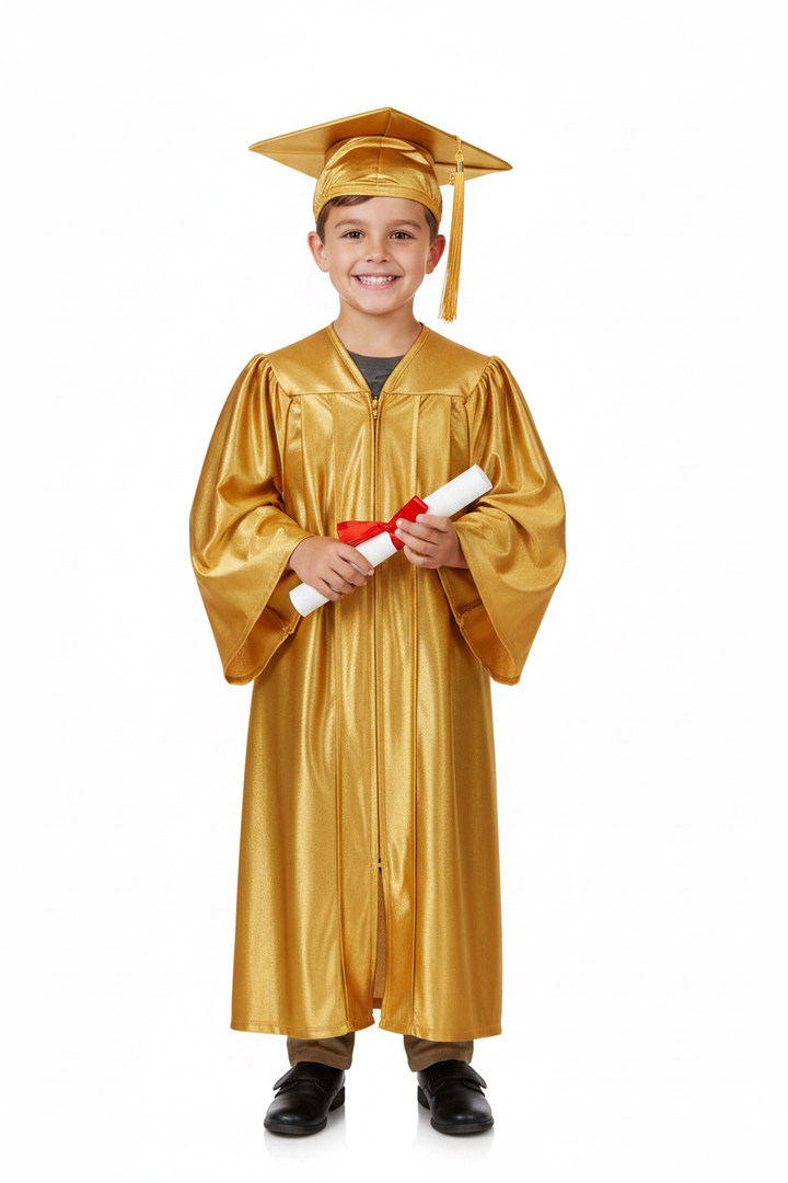 Shiny Antique Gold Elementary Cap & Gown - Model Shot