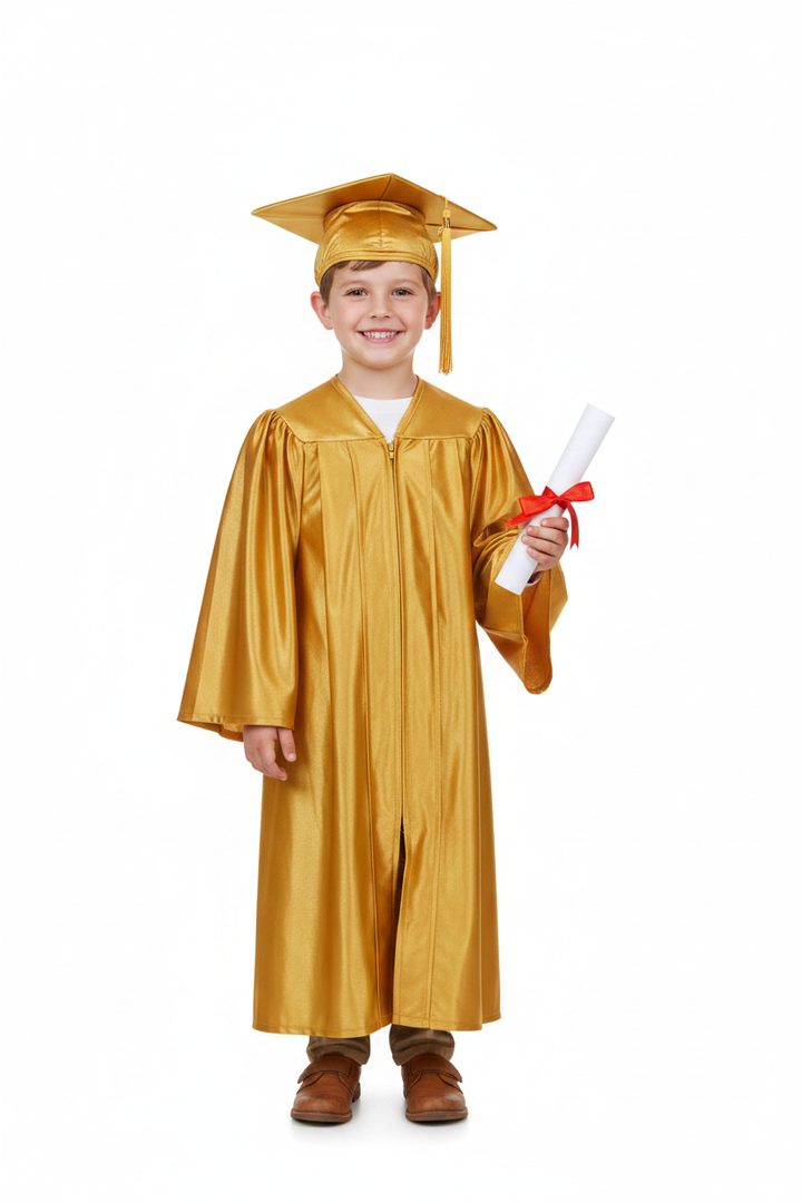 Shiny Antique Gold Elementary Gown - Model Shot