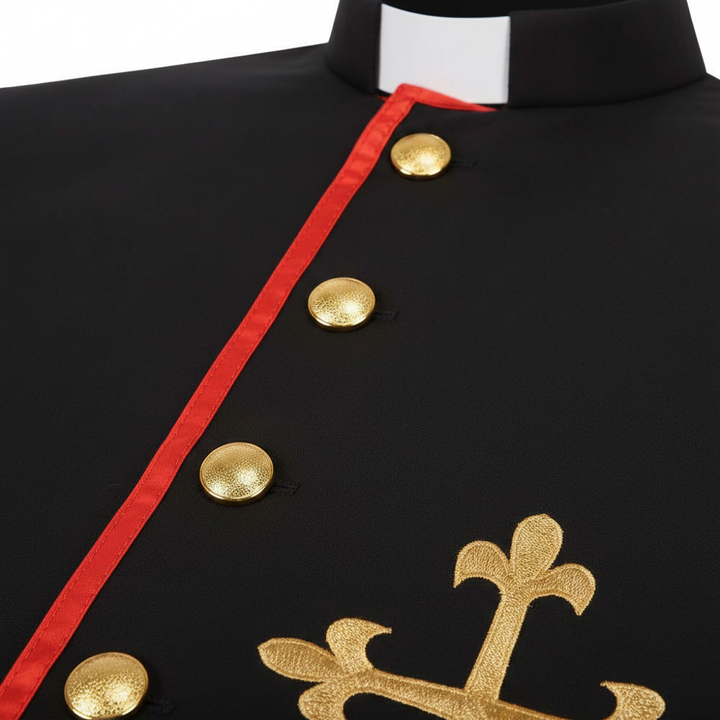 Close-up detail of black priest cassock center front showing double gold buttons, red piping and ornate gold cross embroidery, white background