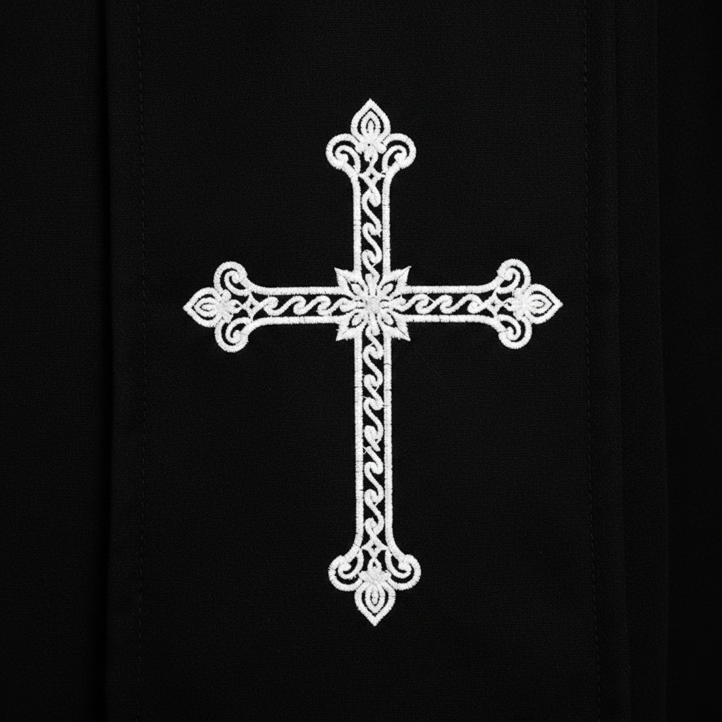 Close-up detail of black cassock robe lower panel showing white ornate cross embroidery, white background