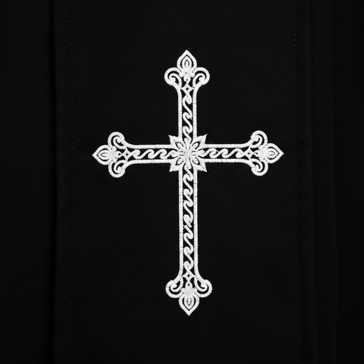 Close-up detail of black cassock robe lower panel showing white ornate cross embroidery, white background