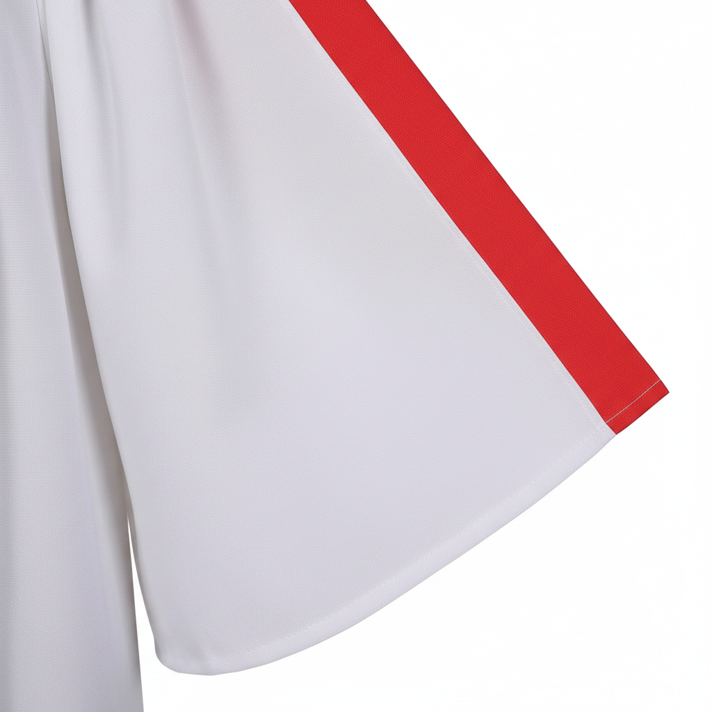 Close-up detail of choir robe showing wide flowing white sleeve with red piping trim band, macro shot, white background