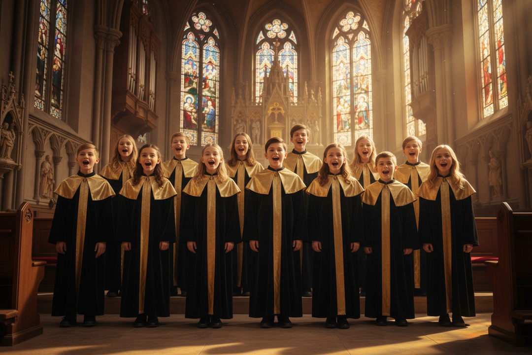 Children's choir wearing black choir robes with gold trim singing in church with stained glass windows