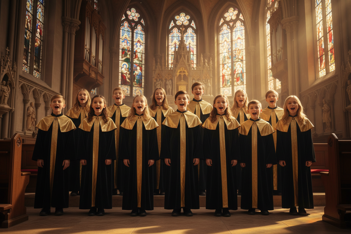 Children's choir wearing black choir robes with gold trim singing in church with stained glass windows