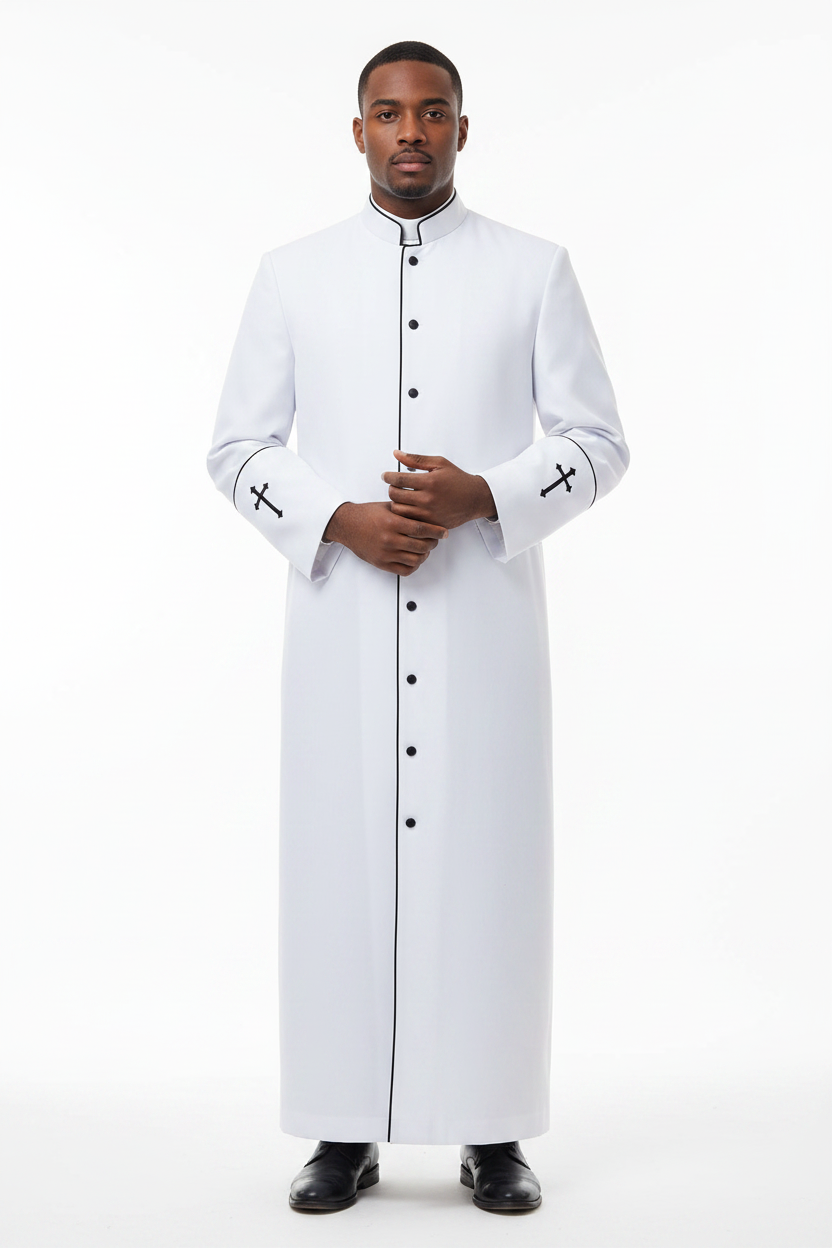Model wearing full-length white clergy cassock robe with black trim and cross embroidery, white background