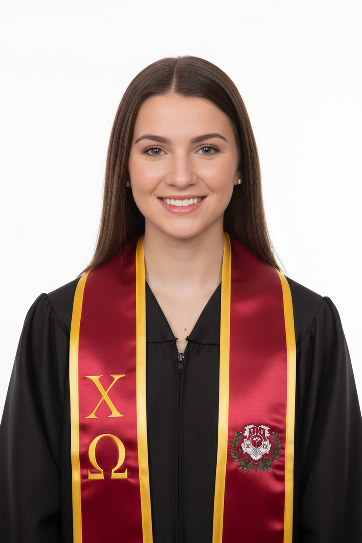 Chi Omega Trimmed Greek Lettered Graduation Stole w/ Crest model display