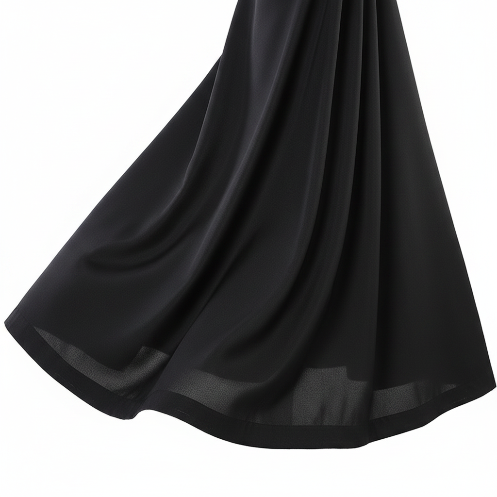 Close-up detail of black cassock robe showing A-line skirt hem flare and fabric drape from the side, white background