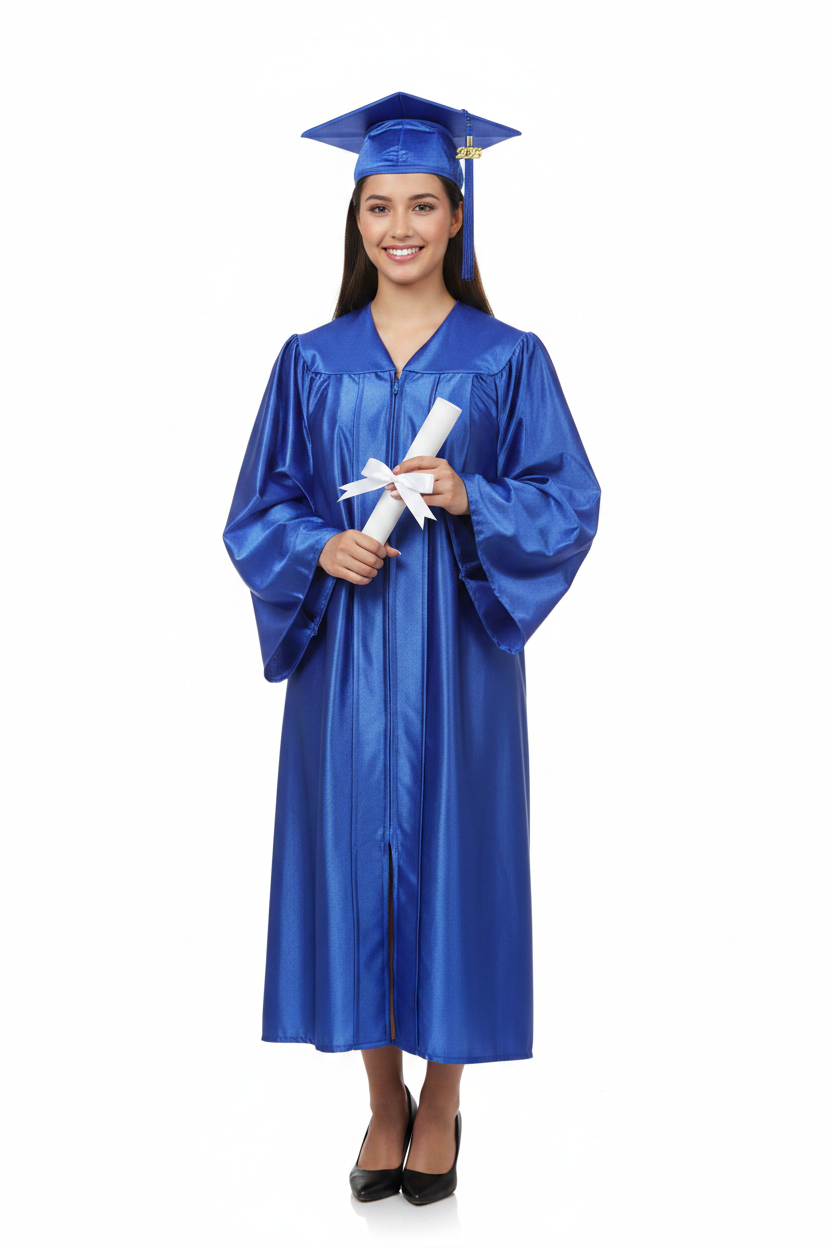 Shiny Royal Blue High School Cap & Gown - Model Shot