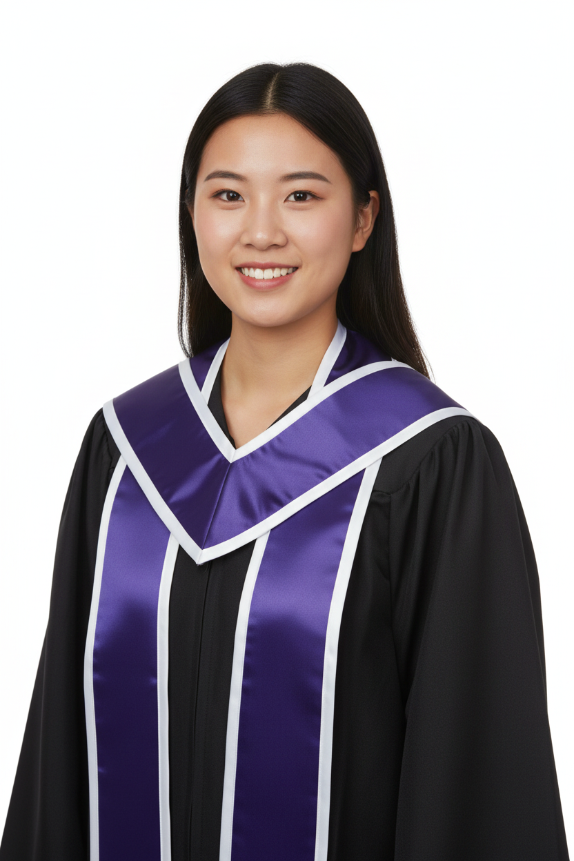 Purple Slanted Graduation Stole with White Trim model display