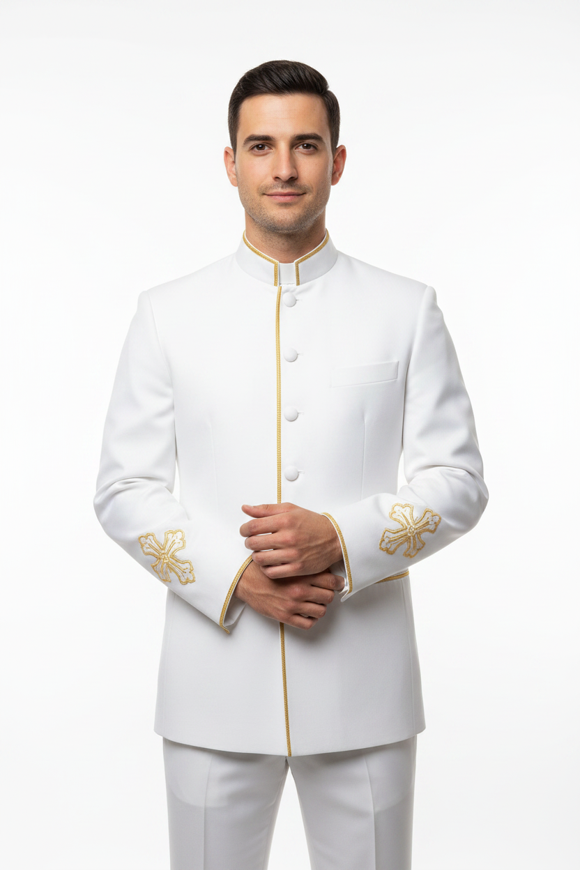 Model wearing white clergy mandarin collar jacket with gold trim and cross embroidery, white background