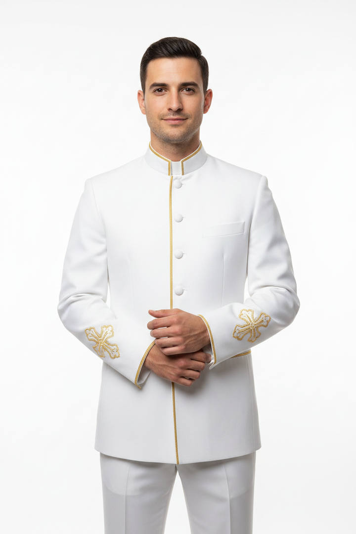 Model wearing white clergy mandarin collar jacket with gold trim and cross embroidery, white background